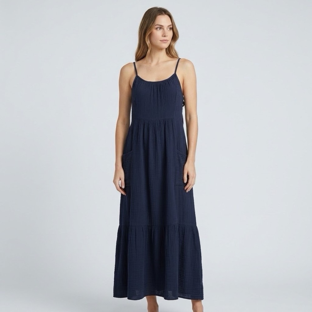 Xirena Maxi Dress Womens Medium Black Cotton Chelsea Gauze Tiered Pocket Summer